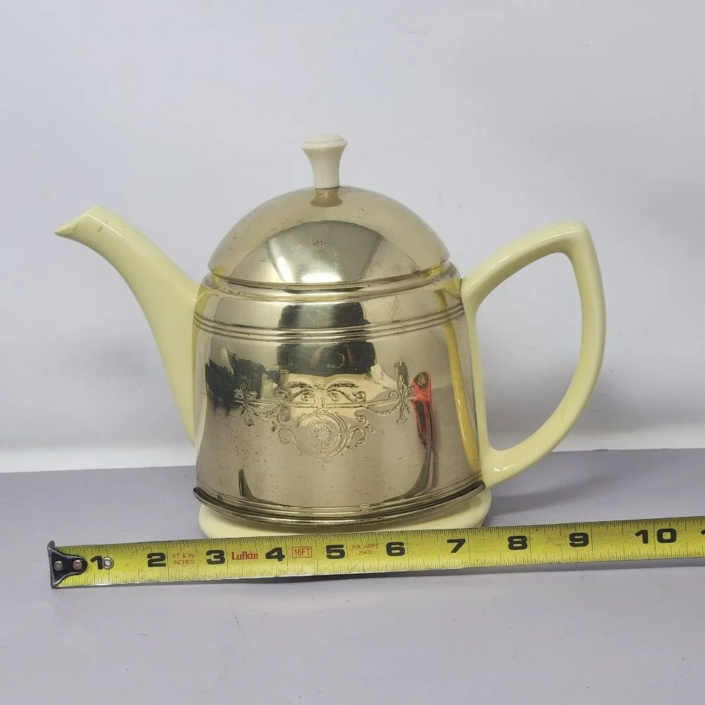 Vintage Hall China Metallic Gold & Cream Tea‎ Kettle W/ Ornate Embossed Design